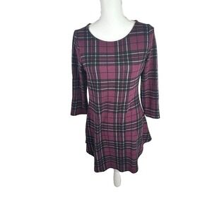 Reborn Dress Windowpane Plaid Burgundy Elbow Patch Long Sleeve‎ Flare Womens S